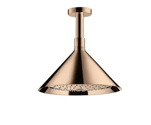 Kopfbrause mit Deckenanschluss in poliertem Rotgold von AXOR, konisches Design mit Düsen auf der unteren Fläche zur Wasserverteilung.